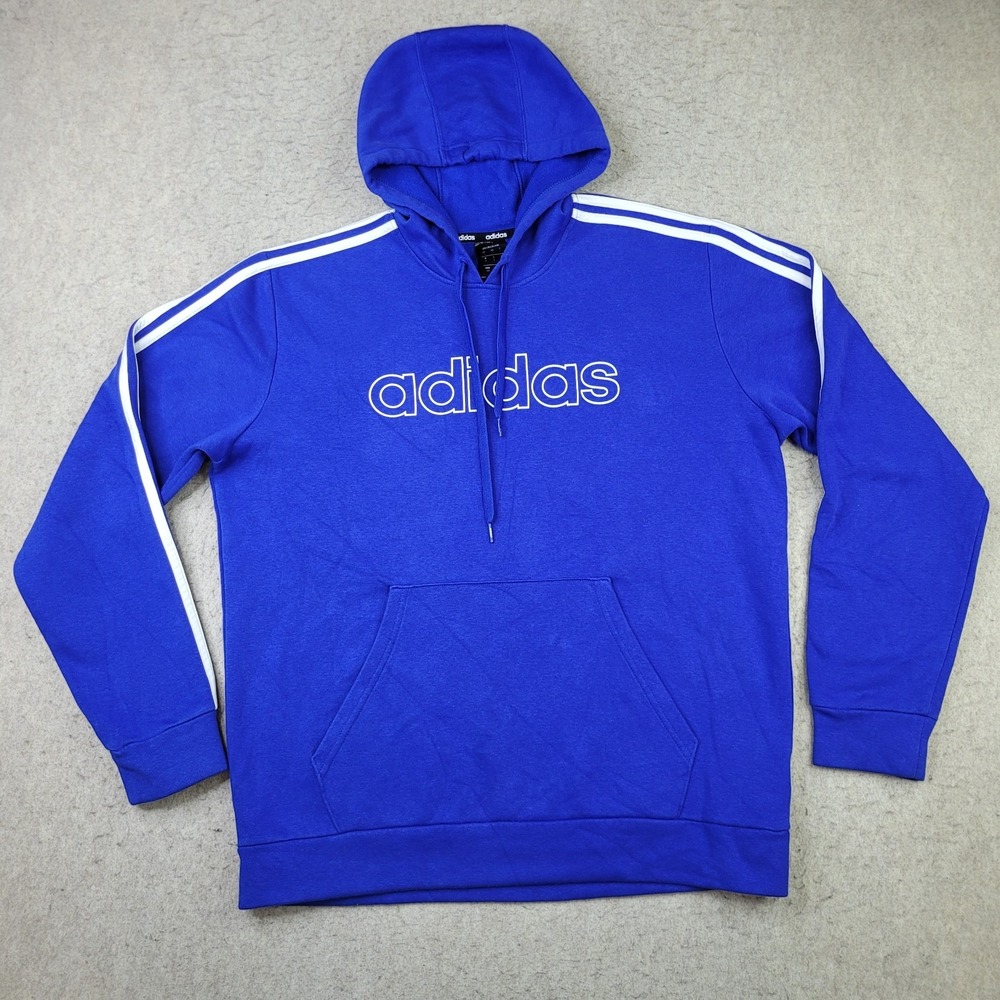 Adidas Hoodie Mens Large Blue Pullover Sweatshirt 3-Stripe Drawstring Active